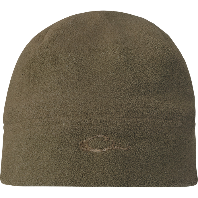 A close-up of the Youth Windproof Fleece Stocking Beanie, designed to be worn over the ears or hat for maximum warmth and protection. Made of 100% polyester micro-fleece with a windproof laminate and water-resistant feature. Dimensions: 10.5