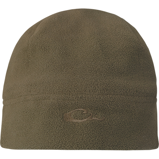 A close-up of the Youth Windproof Fleece Stocking Beanie, designed to be worn over the ears or hat for maximum warmth and protection. Made of 100% polyester micro-fleece with a windproof laminate and water-resistant feature. Dimensions: 10.5" W x 7.5" H with a 1.5" H band. Ideal for hunting gear, waterfowl hunting, turkey hunting, and fishing.