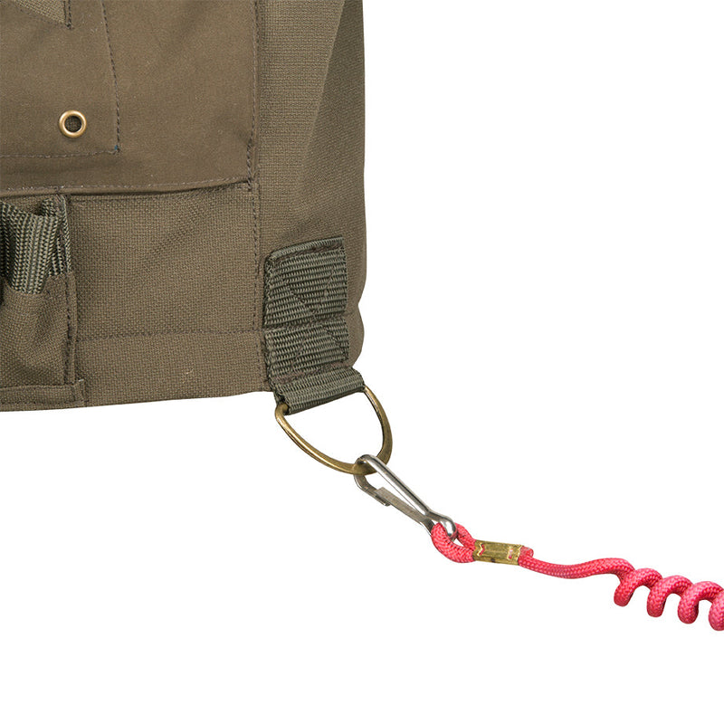 Guardian Elite Flooded Timber Insulated Jacket - Close-up of khaki bag with red rope detail, ideal for hunters spending time against trees. Waterproof, windproof, and breathable fabric with body-mapped insulation. Final sale.