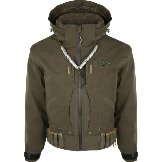 Guardian Elite Flooded Timber Insulated Jacket - A waterproof, windproof, and breathable jacket designed for hunters. Features include body-mapped insulation, multiple pockets, adjustable hood, and reinforced fabric. Perfect for wading and staying warm in the outdoors.
