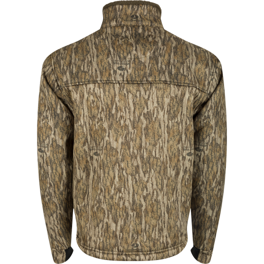 MST Hole Shot Windproof Eqwader 1/4 Zip Jacket - Realtree: A jacket with a logo and camouflage fabric, featuring high handwarmer pockets and adjustable waist.