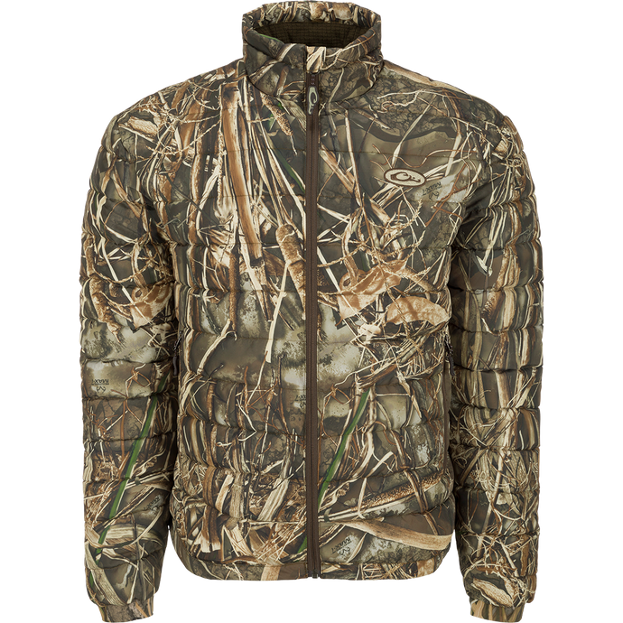 LST Double Down Layering Full Zip - Realtree: A camouflage jacket with insulated chest, back, shoulders, and upper arms. Microfleece-lined collar for warmth and comfort. Improved fit for increased range of motion. Zippered pockets and adjustable waist for a secure fit.