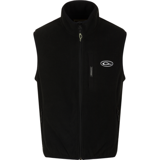 A black Youth Camp Fleece Vest with logo and zipper, featuring anti-pill treatment, moisture-wicking properties, Magnattach pocket, and zippered handwarmer pockets.