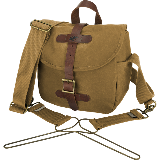McAlister Wingshot Ditty Bag: A durable brown bag with leather straps, perfect for hunting. Compact yet spacious, it holds all your essentials.