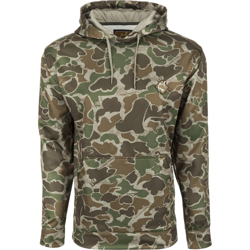 Ol' Tom Camo Performance Hoodie by Drake Waterfowl: Camouflage hoodie with logo, double-lined hood, kangaroo pouch, and soft fleece interior for comfort and warmth. Ideal for hunting and everyday wear.