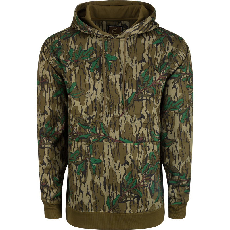 Back Eddy Embossed Camo Hoodie: A polyester hoodie with an embossed Ol' Tom logo, DWR coating for light rain resistance, kangaroo pocket, and adjustable drawstring closure. Perfect for chilly winter mornings or as a mid-layer piece.