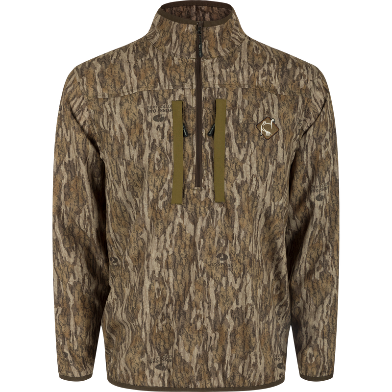 Tech 1/4 Zip with Spine Pad: Lightweight, breathable jacket with stretch technology. Features Magnattach™ pockets, range finder lanyard, and removable spine pad. Ideal for hunting and outdoor activities.