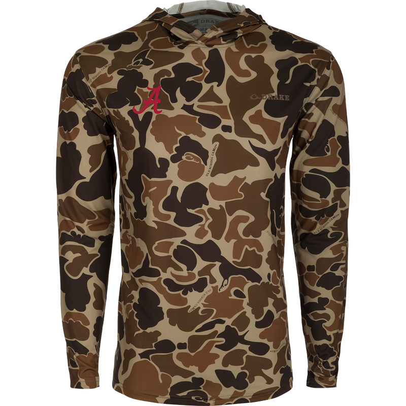 A lightweight, high-performance Alabama Performance Long Sleeve Camo Hoodie with a red logo. Ideal for outdoor activities.