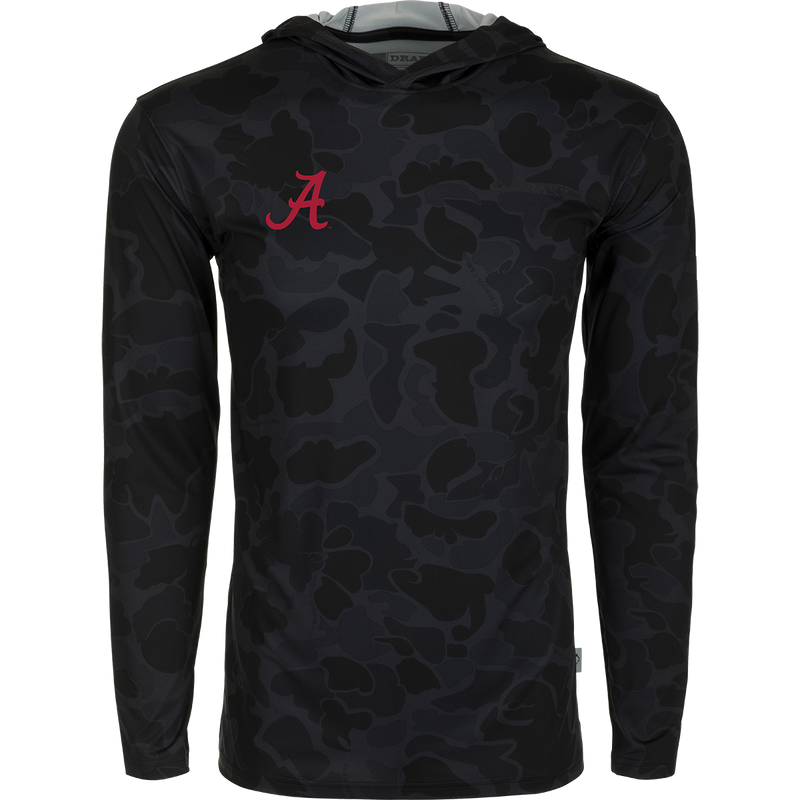 A black hoodie with a red letter, the Alabama Performance Long Sleeve Camo Hoodie, designed for exceptional functionality and packed with performance features. Lightweight and versatile, it offers cooling, stretch, breathability, sun protection, moisture-wicking, and quick-drying properties. Made from 92% Polyester/8% Spandex, it features the exclusive Drake Old School Camo pattern. Perfect for hunting and outdoor activities.