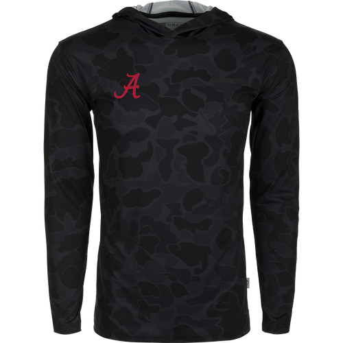 A black hoodie with a red letter, the Alabama Performance Long Sleeve Camo Hoodie, designed for exceptional functionality and packed with performance features. Lightweight and versatile, it offers cooling, stretch, breathability, sun protection, moisture-wicking, and quick-drying properties. Made from 92% Polyester/8% Spandex, it features the exclusive Drake Old School Camo pattern. Perfect for hunting and outdoor activities.