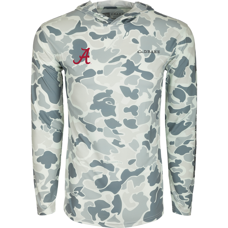 Alabama Performance Long Sleeve Camo Hoodie: A lightweight, breathable hoodie with built-in cooling, UPF 50 sun protection, and moisture-wicking properties. Perfect for outdoor activities.