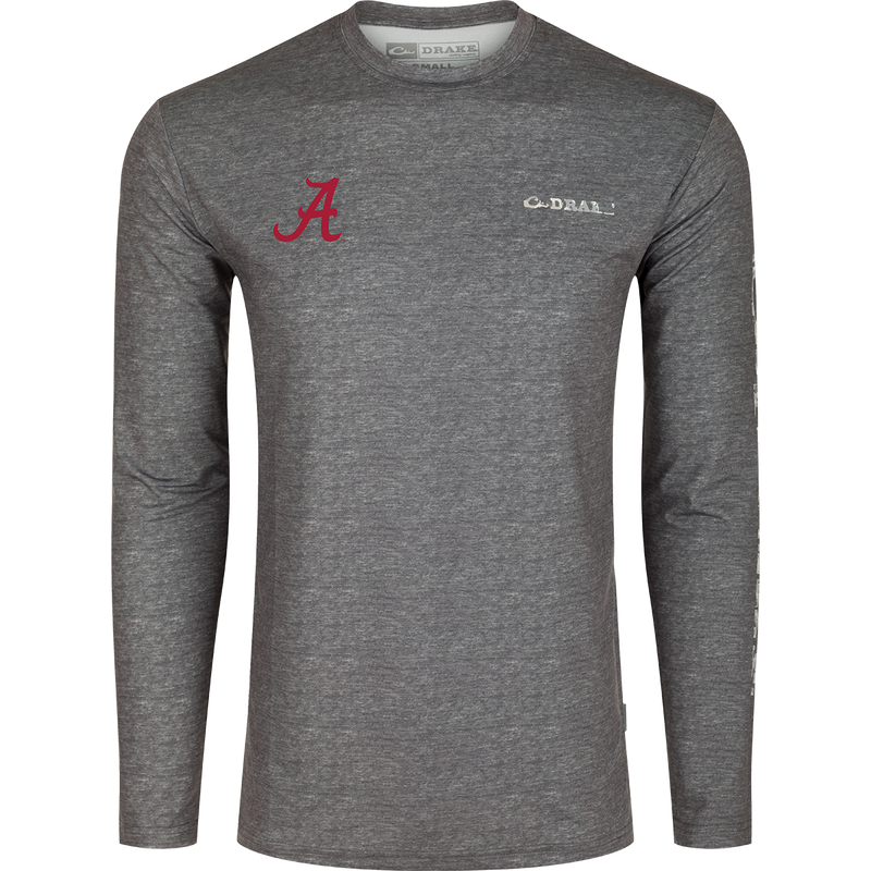 Alabama Performance Heather Long Sleeve Crew, a functional and lightweight shirt with cooling, stretch, and moisture-wicking features. Ideal for all-year wear during various weather conditions.