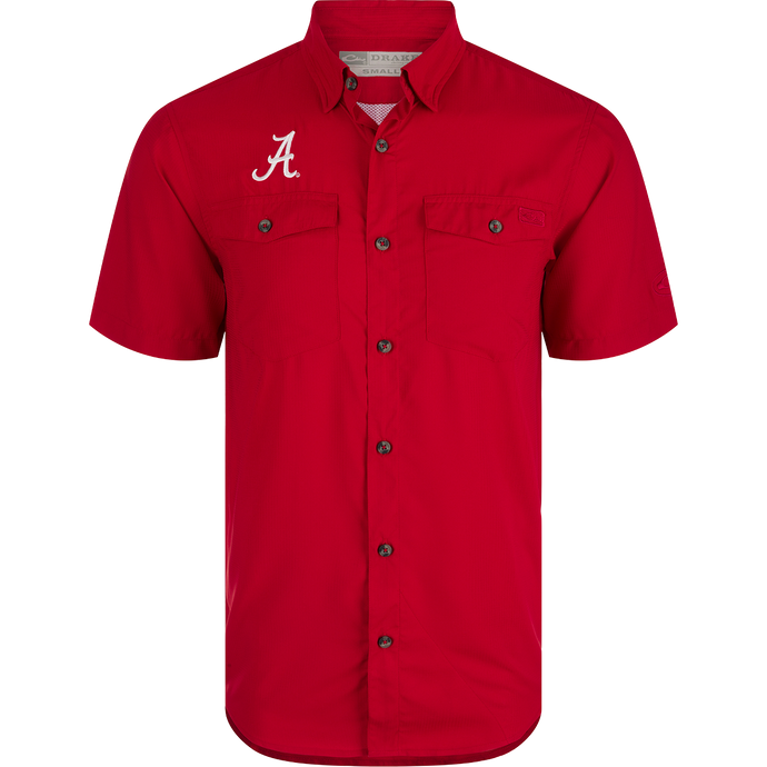 Alabama Frat Dobby Solid Short Sleeve Shirt with hidden collar, vented back, and chest pockets. Lightweight, moisture-wicking fabric with UPF30.