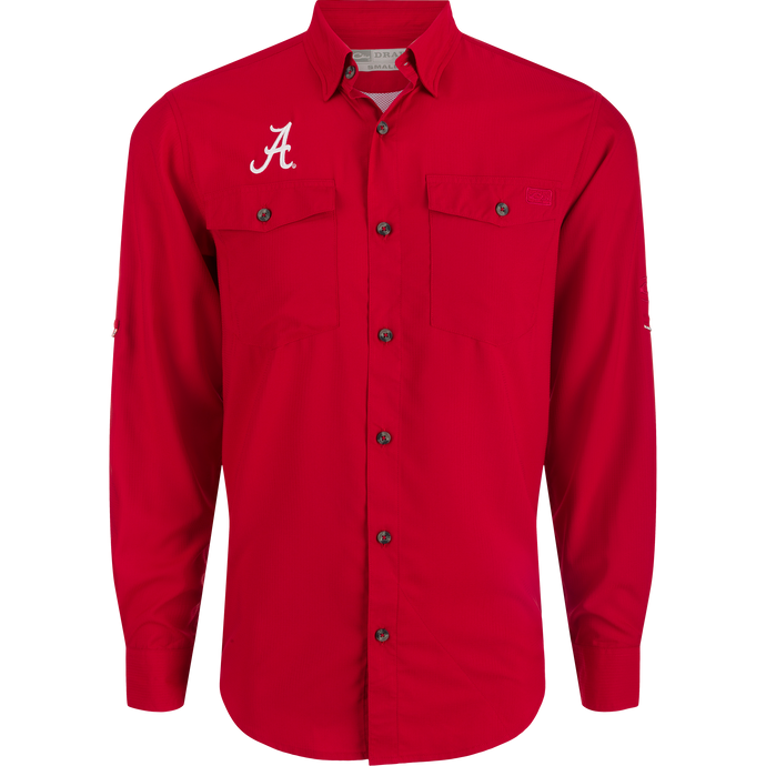 Alabama Frat Dobby Long Sleeve Shirt with hidden button-down collar and vented cape back. Classic fit, moisture-wicking fabric.