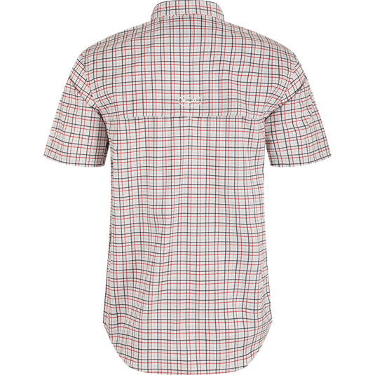 Alabama Frat Tattersall Short Sleeve Shirt, a plaid shirt with hidden collar, chest pockets, and vented cape back. Lightweight, stretchy, and moisture-wicking fabric.