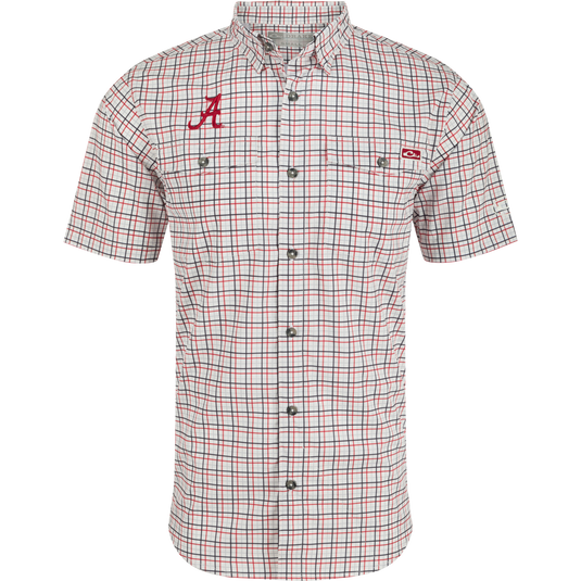 Alabama Frat Tattersall Short Sleeve Shirt, a plaid shirt with hidden button-down collar, chest pockets, and vented cape back.
