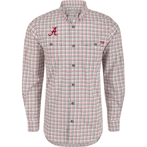 Alabama Frat Tattersall Long Sleeve Shirt, a lightweight, moisture-wicking top with hidden collar, chest pockets, and adjustable sleeves.