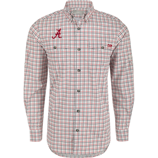 Alabama Frat Tattersall Long Sleeve Shirt, a lightweight, moisture-wicking top with hidden collar, chest pockets, and adjustable sleeves.