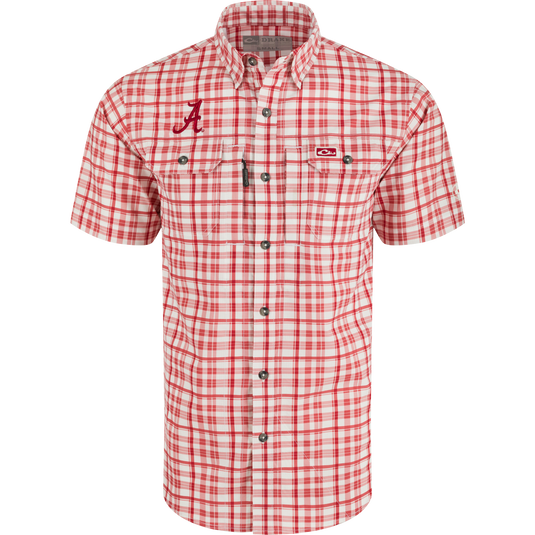 Alabama Hunter Creek Windowpane Plaid Shirt, a lightweight, moisture-wicking shirt with hidden button-down collar and vented cape back.