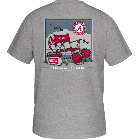 Alabama Beach T-Shirt: Grey tee with a picnic table and flag graphic on the back, and a red and white logo on the front chest pocket.