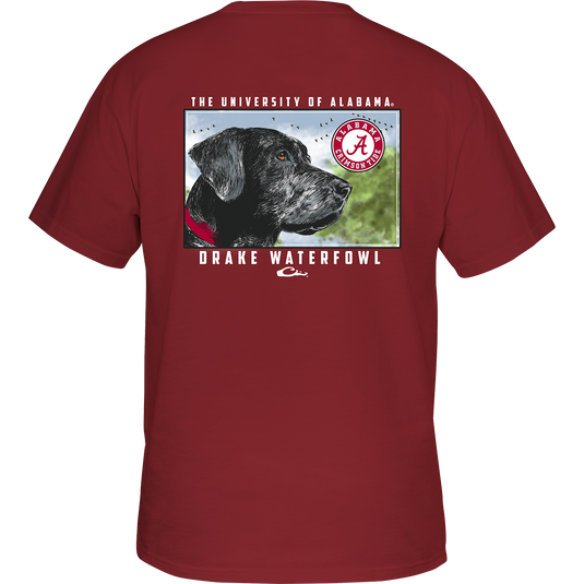 Alabama Black Lab T-Shirt: Back of red shirt with black lab head scene, school logo, and "Drake Waterfowl" text. Front features school logo on chest pocket.