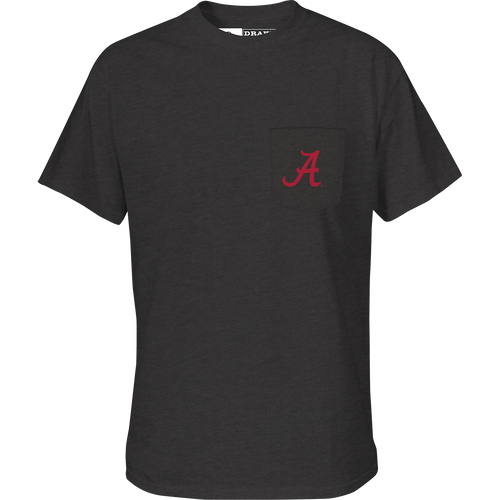 Alabama Cupped Up T-Shirt: A black shirt with a red letter logo on the chest pocket. Back artwork features a cupped up duck scene with the school's logo and catch phrase.