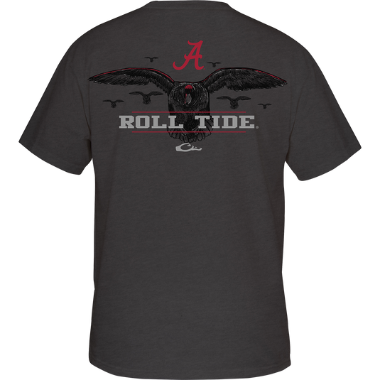 Alabama Cupped Up T-Shirt: Back artwork of a duck ready to land, surrounded by other ducks, with school logo and catch phrase. Front features school logo on chest pocket. Cotton/poly blend fabric. Tag-less neck label for comfort.