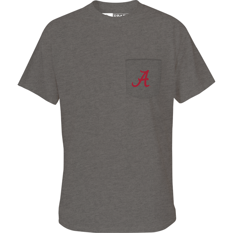 Alabama Drake Lab T-Shirt with school logo pocket on the front. Lightweight and breathable cotton-poly blend fabric for comfort and style.