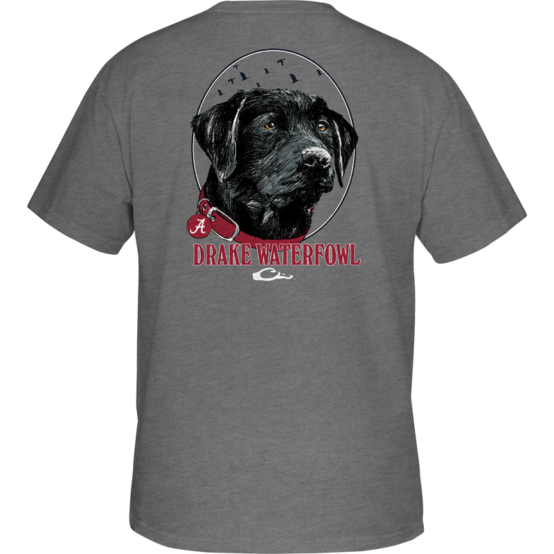Alabama Drake Lab T-Shirt featuring a grey shirt with a dog logo pocket. Comfortable and stylish cotton-poly blend fabric.