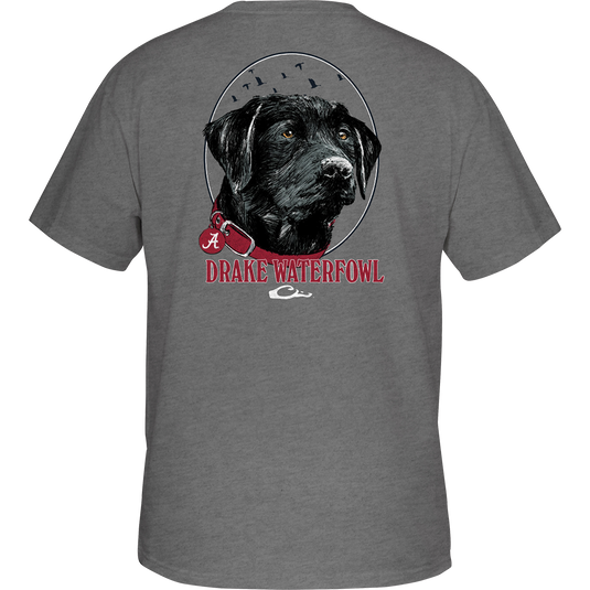 Alabama Drake Lab T-Shirt featuring a grey shirt with a dog logo pocket. Comfortable and stylish cotton-poly blend fabric.