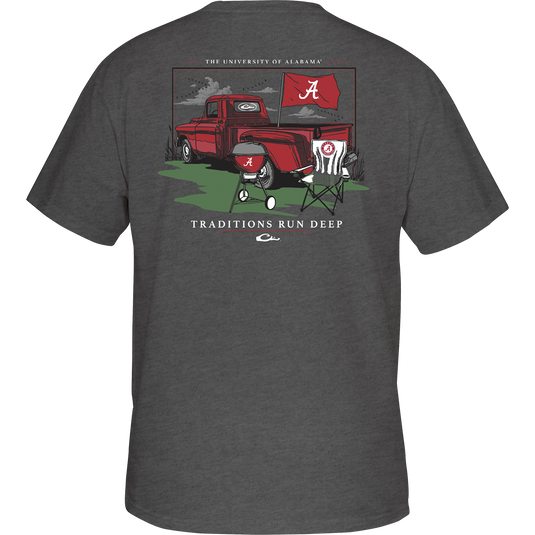 Grey t-shirt with a truck and tent design, featuring a red truck and chair on the back. Alabama Drake Tailgate T-Shirt.