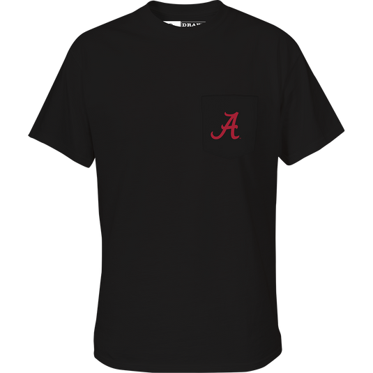 Alabama Drake Badge T-Shirt featuring a red letter on a black shirt with a pocket on the front.