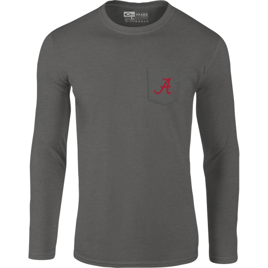 Alabama Drake In Flight T-Shirt: A grey long-sleeved shirt with a red letter logo on the front pocket and a scenic group of ducks in-flight with the school logo on the back. Lightweight and comfortable cotton/polyester blend.