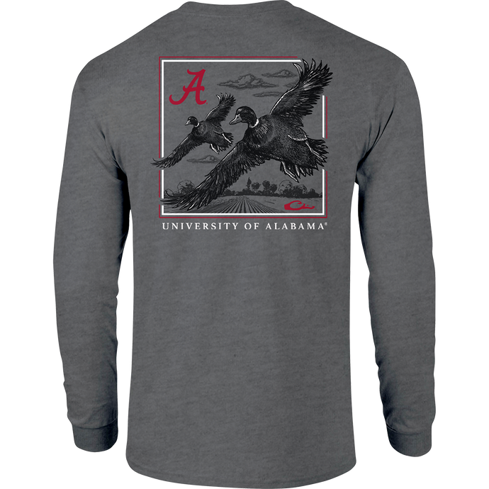 Alabama Drake In Flight T-Shirt: A long-sleeved grey shirt with a picture of birds in flight, featuring a school logo on the front pocket and back graphic. Lightweight and comfortable.