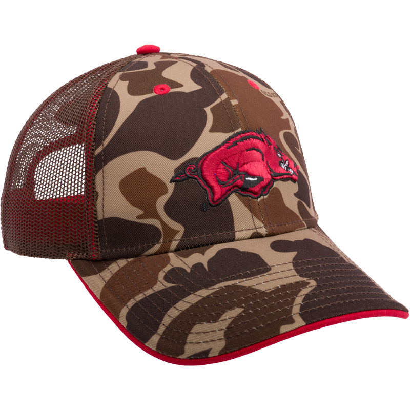 Arkansas Old School Cap: Camo hat with red pig emblem, mesh back panels, structured crown, curved visor, and snap-back closure. Ideal for hunting and casual wear.
