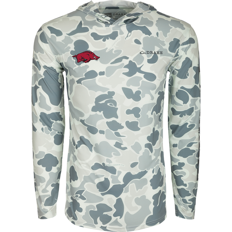 Arkansas Performance Long Sleeve Camo Hoodie with red pig logo on lightweight fabric, featuring built-in cooling, UPF 50, moisture-wicking, and quick-drying properties.