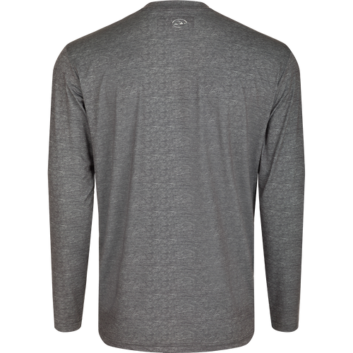 Arkansas Performance Heather Long Sleeve Crew, a lightweight, moisture-wicking, and breathable grey shirt with a logo on the back.