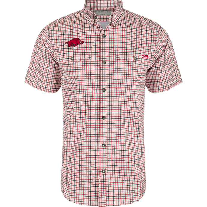 Arkansas Frat Tattersall Shirt with Red Pig Logo, lightweight and moisture-wicking, featuring hidden collar, chest pockets, and vented back.