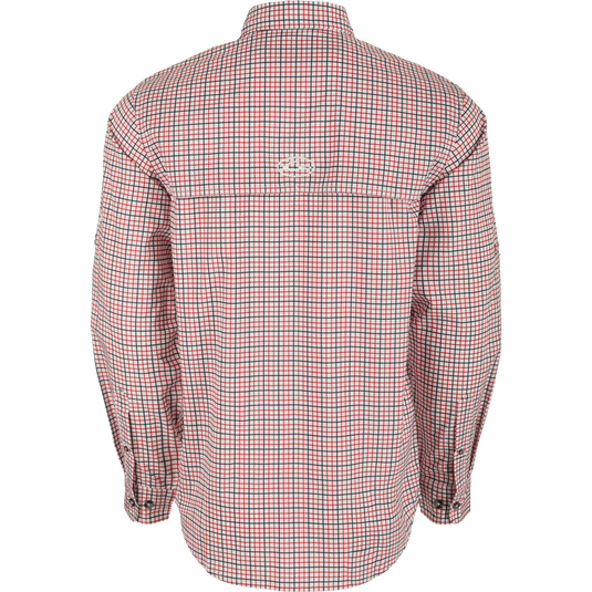 Arkansas Frat Tattersall Long Sleeve Shirt - Back view of lightweight, plaid fabric shirt with hidden button-down collar and vented cape back.