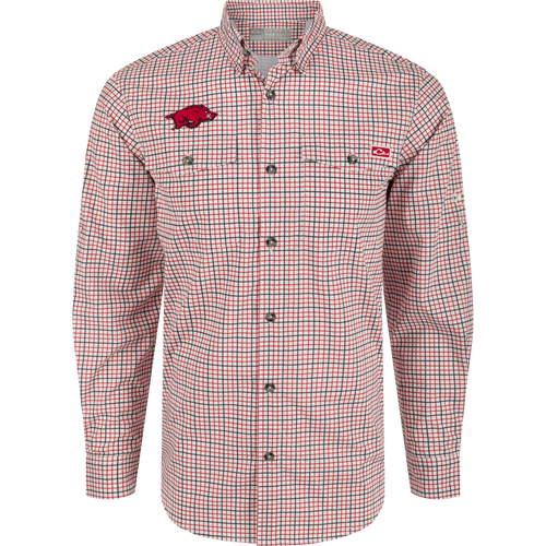Arkansas Frat Tattersall Long Sleeve Shirt with red pig design, hidden collar, and vented cape back.