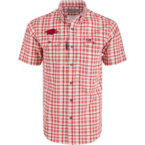Arkansas Hunter Creek Windowpane Plaid Short Sleeve Shirt, a classic fit with hidden button-down collar and two chest pockets.