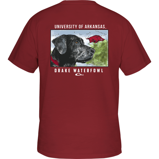 Back of a red Arkansas Black Lab T-Shirt featuring a black lab head scene with your school's logo and "Drake Waterfowl" text. Front chest pocket with school's logo.