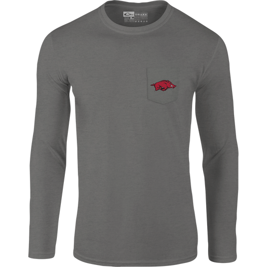Arkansas Sportsman T-Shirt: A grey long-sleeved shirt with a red pig in the pocket, showcasing items used on "Saturdays in the South" with your school's logo.
