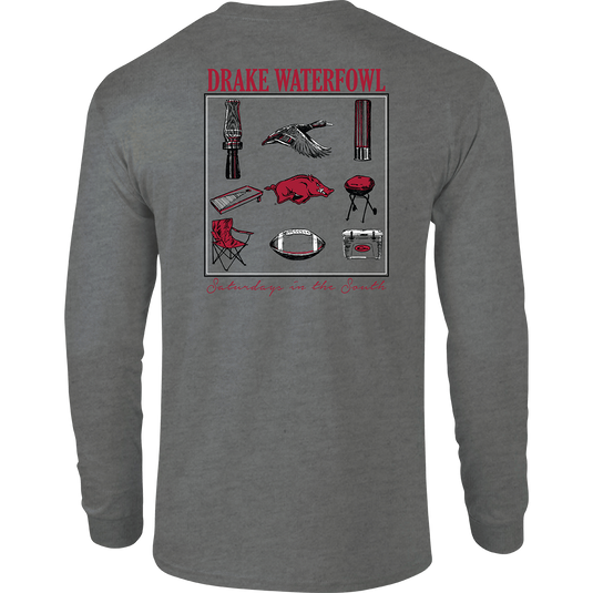 Arkansas Sportsman T-Shirt: Grey long sleeve tee with stylized scene showcasing items used on "Saturdays in the South" with school's logo.