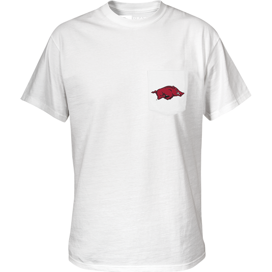 Arkansas Drake Lab T-Shirt: A white shirt with a red pig logo on the front pocket. Lightweight and breathable, perfect for showing school pride.