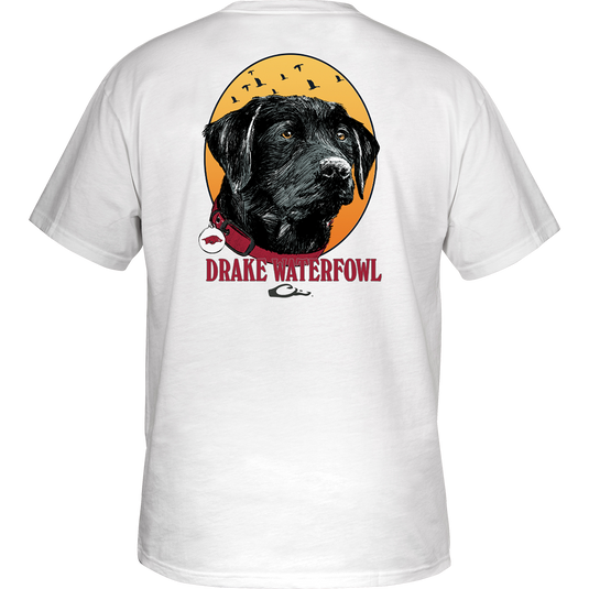 Arkansas Drake Lab T-Shirt: White shirt with black dog logo on front pocket. Lightweight, breathable cotton-polyester blend. School pride and comfort in one.