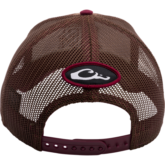 A Texas A&M Old School Cap, featuring a brown mesh design with a white logo. Structured with a curved visor, 3D embroidered college logo, and adjustable snap-back closure.