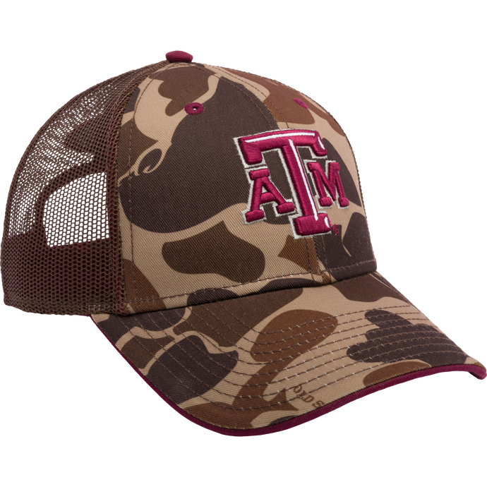 Texas A&M Old School Cap: Camouflage hat with logo, mesh back panels, structured crown, curved visor, and snap-back closure. Ideal for hunting and casual wear.