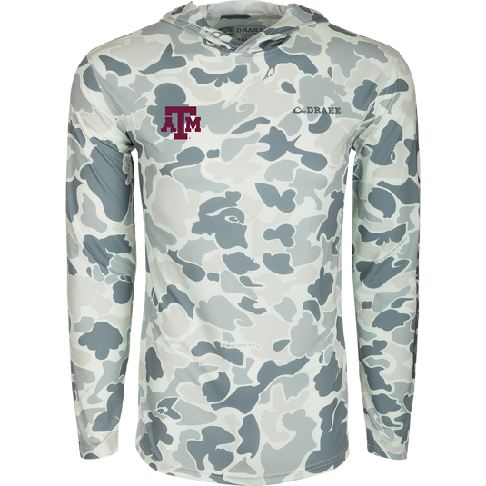 Texas A&M Performance Long Sleeve Camo Hoodie: Functional and versatile hoodie with logo, cooling fabric, UPF 50, moisture-wicking, and quick-drying features. Lightweight for year-round wear.