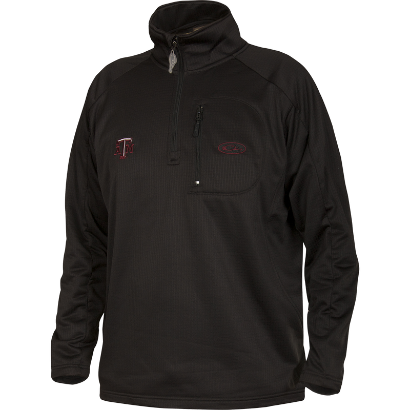 A black jacket with a zipper, featuring Texas A&M logo embroidery on the right chest. Made of 100% polyester with 4-way stretch and square check fleece backing. Ideal for active outdoorsmen, providing ultralight insulation and moisture management. Includes a vertical front chest zippered pocket.